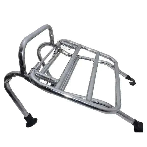 Chrome front scooter rack carrier with curved side rails and black rubber feet