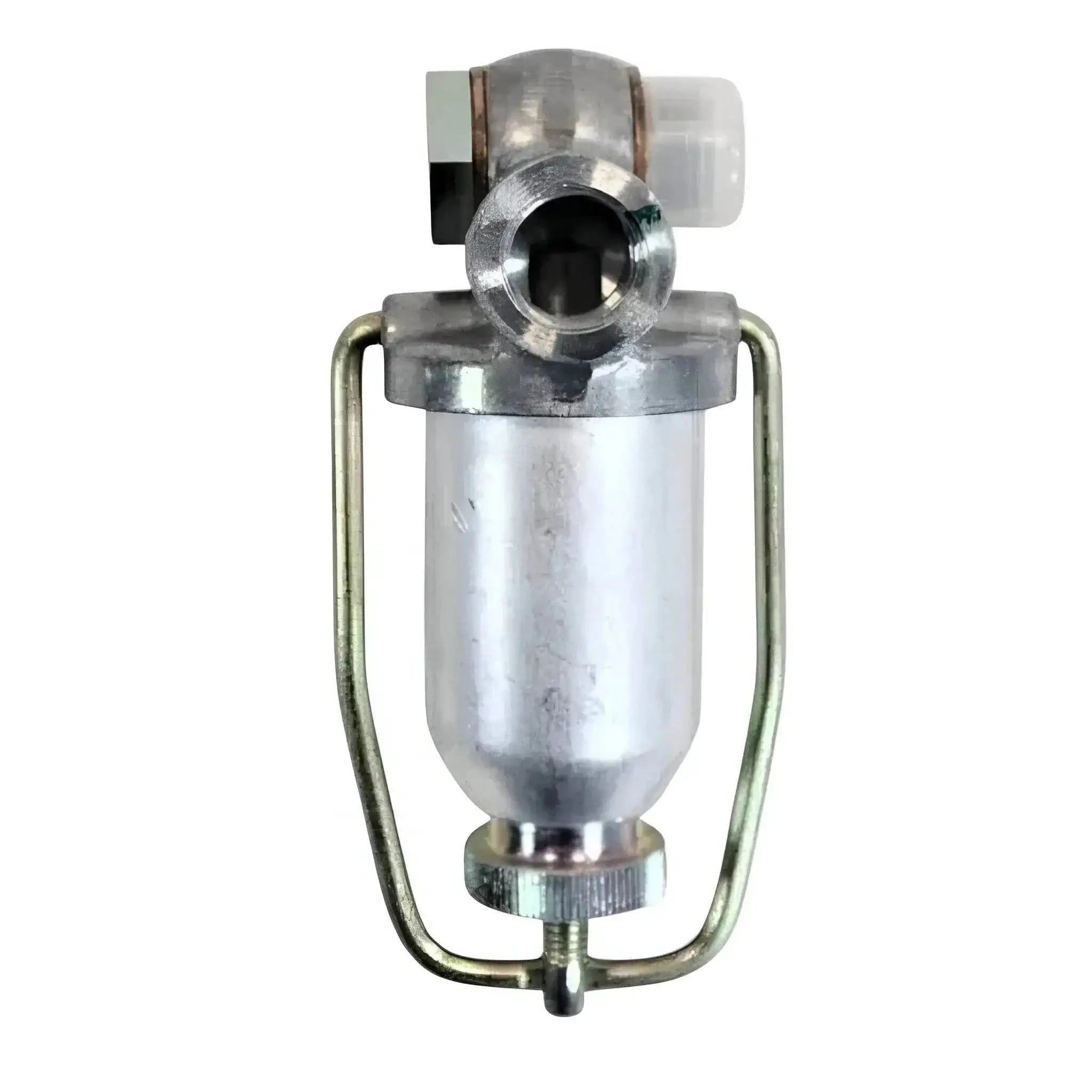 Metal fuel filter assembly with round cap and clear plastic outlet