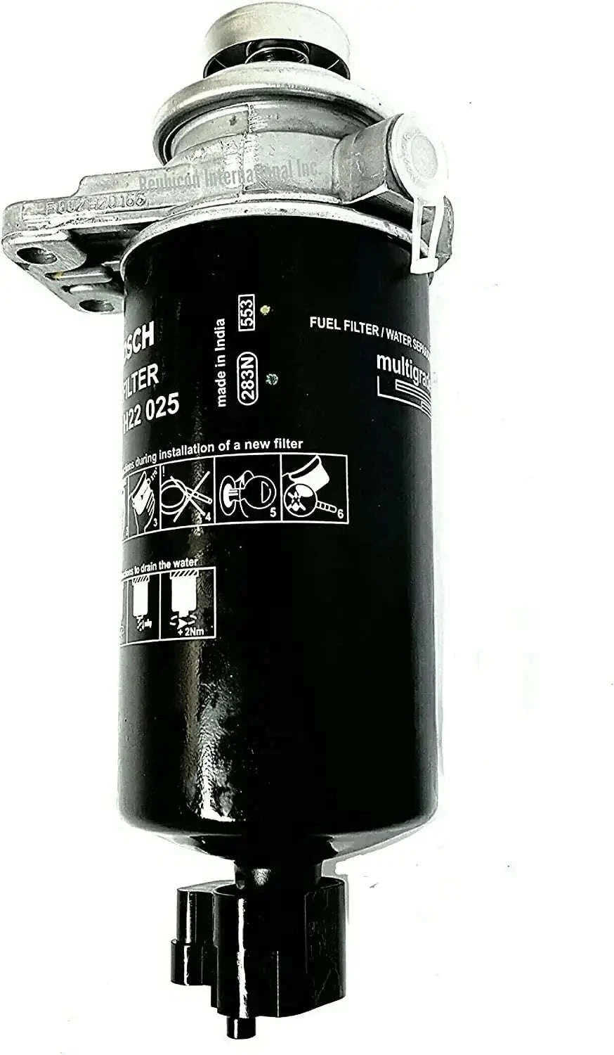 Fuel filter with head and water level sensor for Mahindra tractor, black cylinder