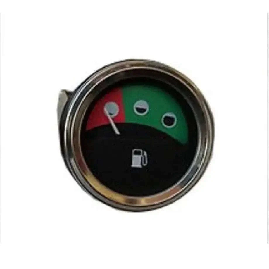 Fuel gauge with metal bezel, black face with red and green sections