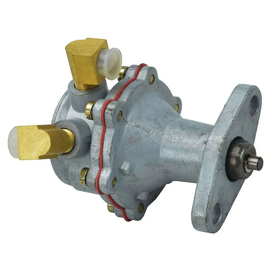 Fuel lift pump with silver metal body, brass fittings, red seal, mounting flange