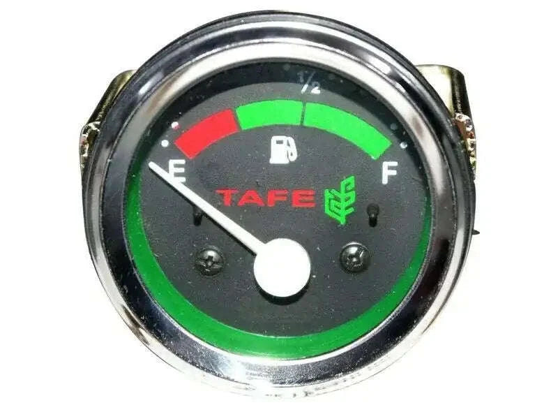 Fuel level gauge with black face, chrome bezel, red-to-green scale and pointer