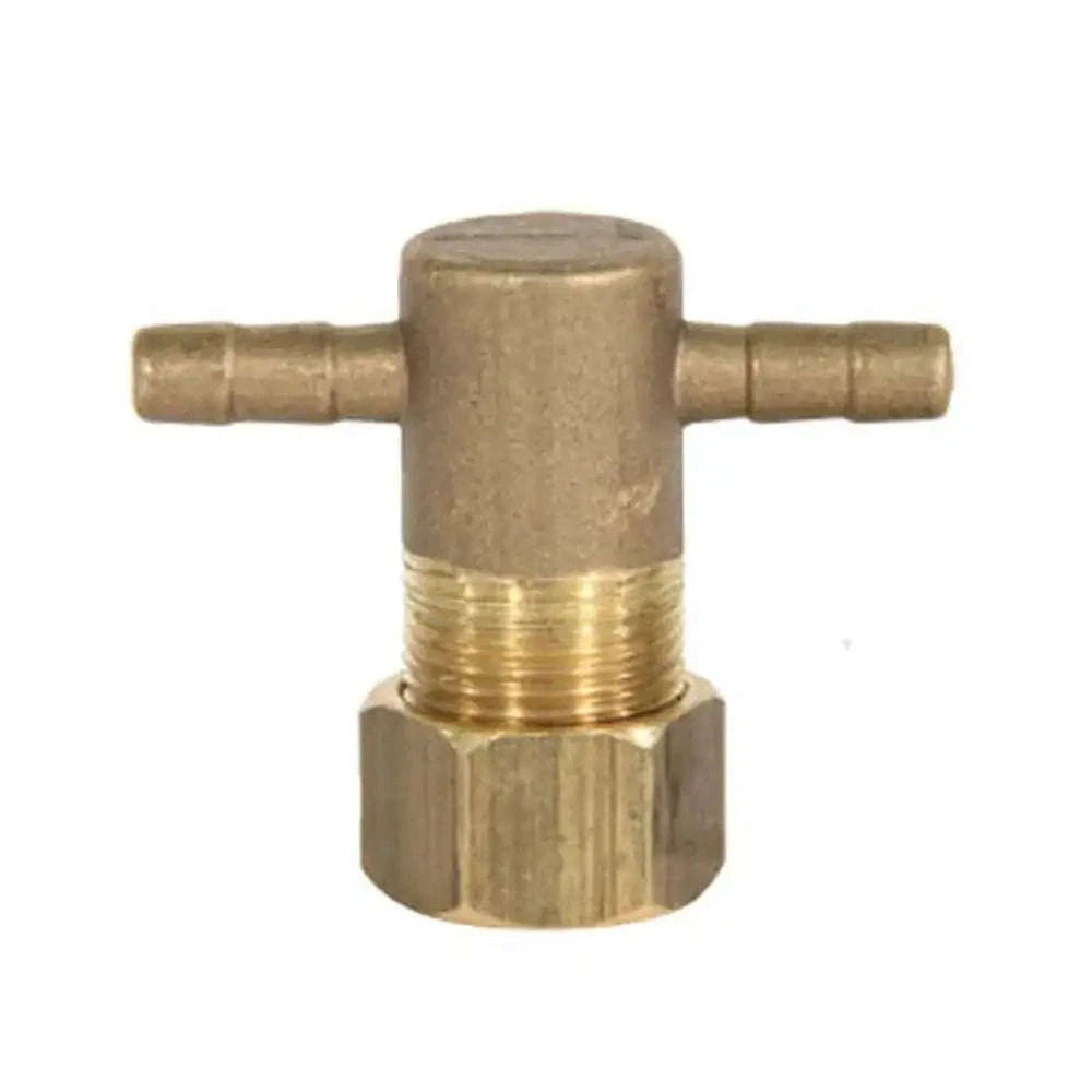 Brass fuel return tee fitting with barbed inlet and threaded outlet