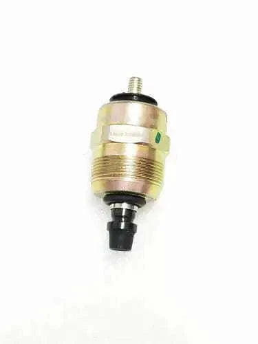 Fuel shut off solenoid switch with threaded metal body and black electrical terminal
