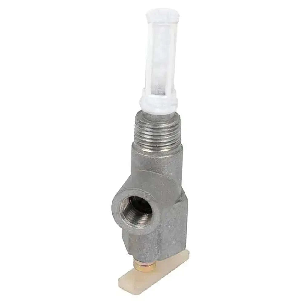Fuel shut-off valve with hex body, threaded inlet, and white filter cap