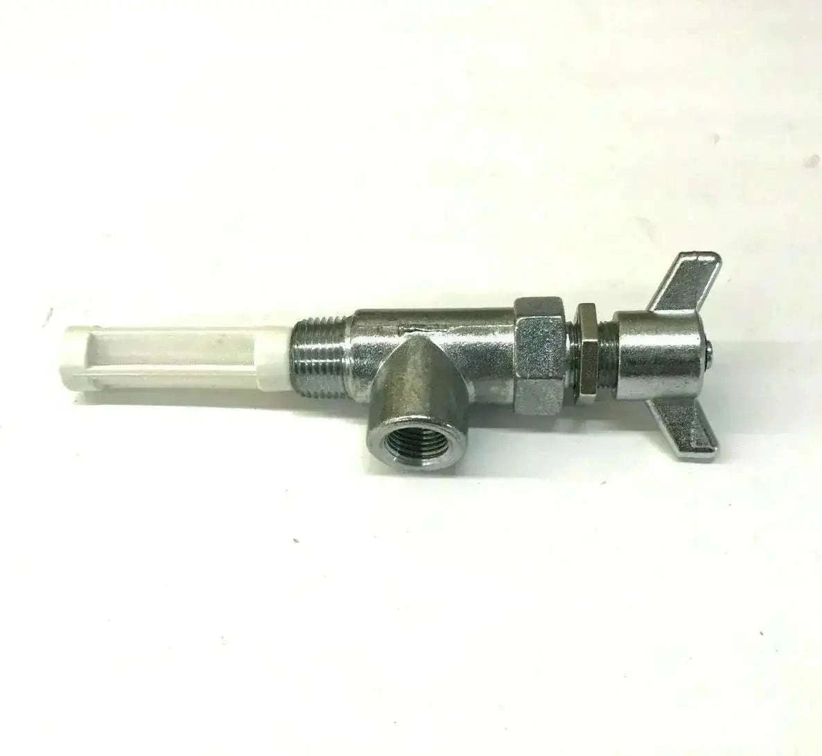 Metal fuel tank valve with threaded port and white inlet tube, side lever