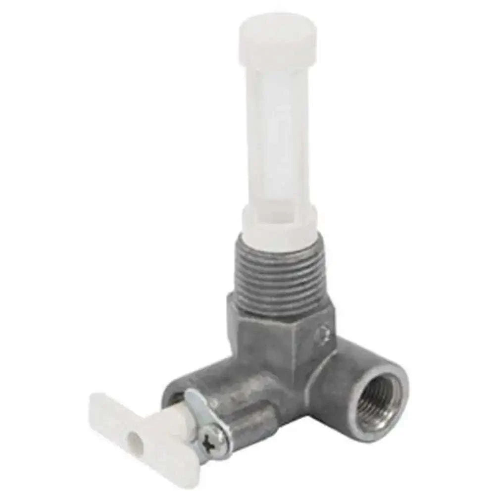 Metal fuel tap fitting with white plastic inlet, L-shaped, threaded outlet