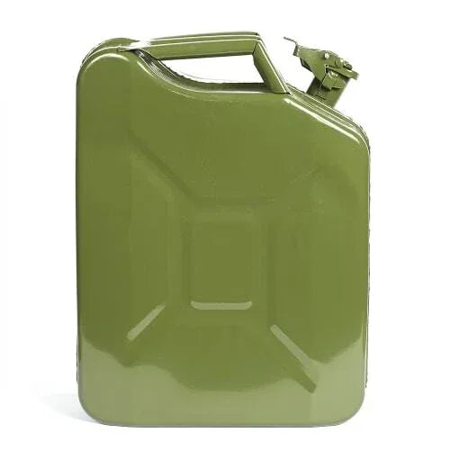 Military Green Jerry Can, durable metal, 20 liters capacity, ideal for fuel storage and transportation
