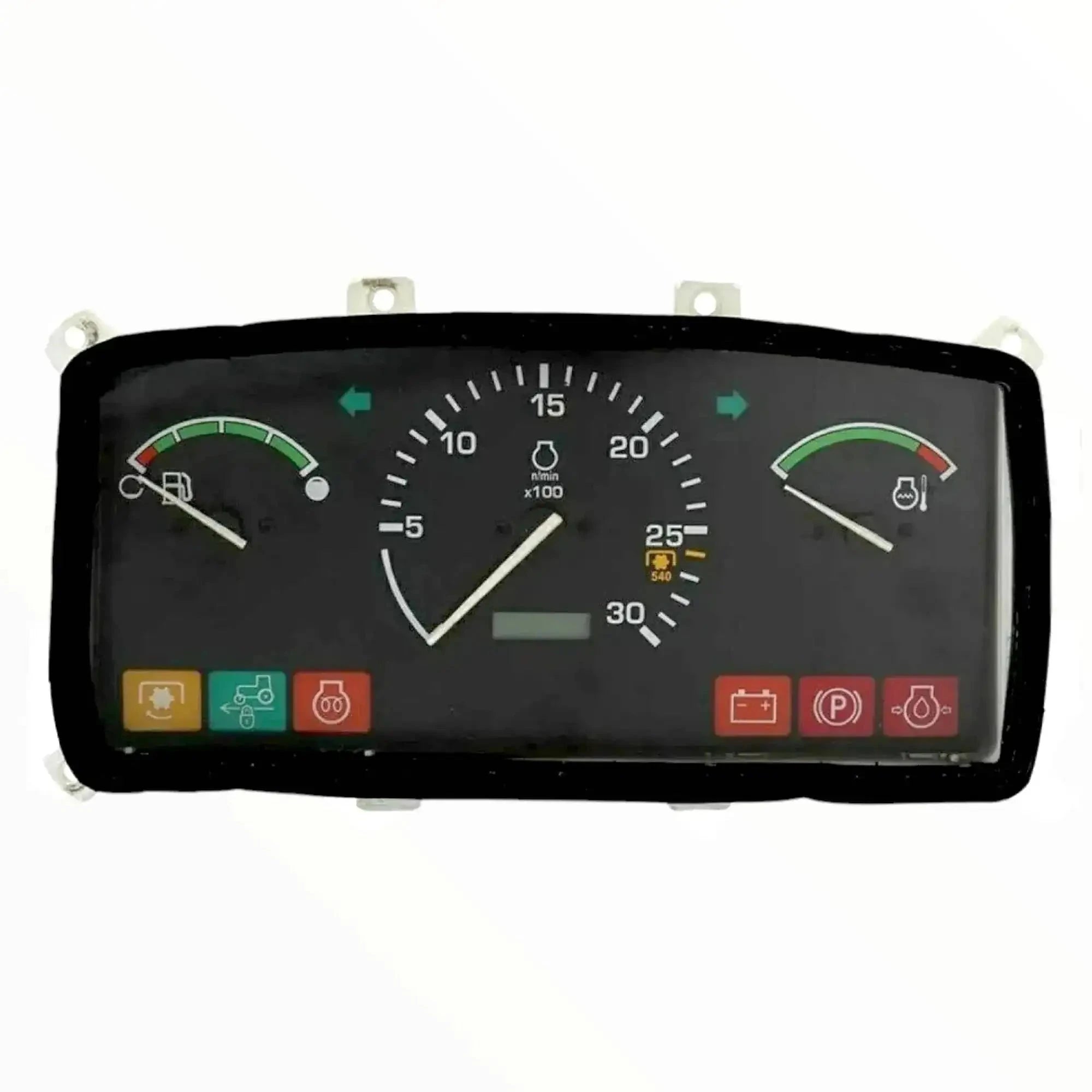 Black tractor gauge cluster with analog dials, illuminated indicator lights and display