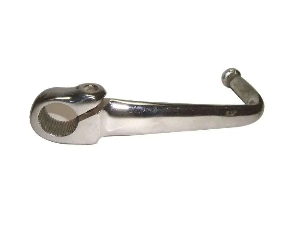 Chrome metal gear change lever with textured mounting collar and curved handle