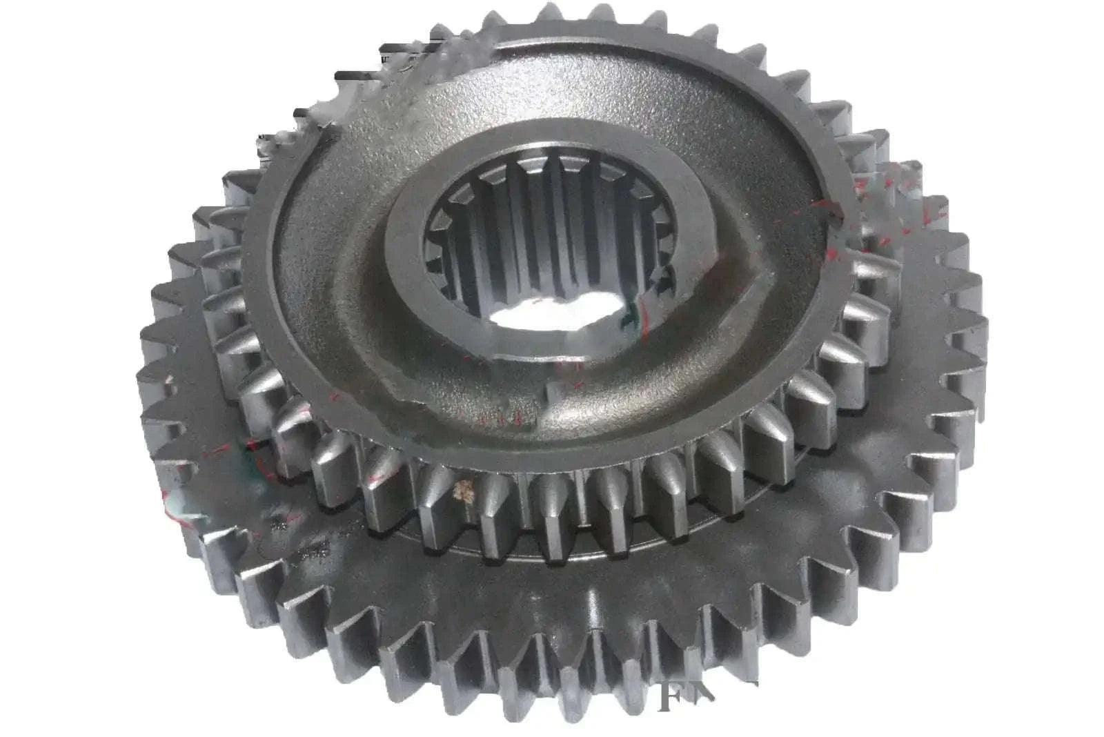 Metal tractor gear pair with interlocking teeth, gray steel, central splined hub