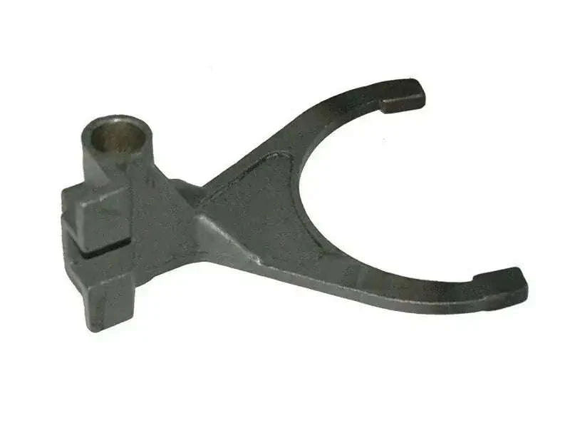 Gear selector fork, dark gray metal part with forked end and mounting tab