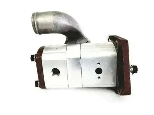 Hydraulic pump with silver metal body, elbow inlet, and dark side mounting brackets