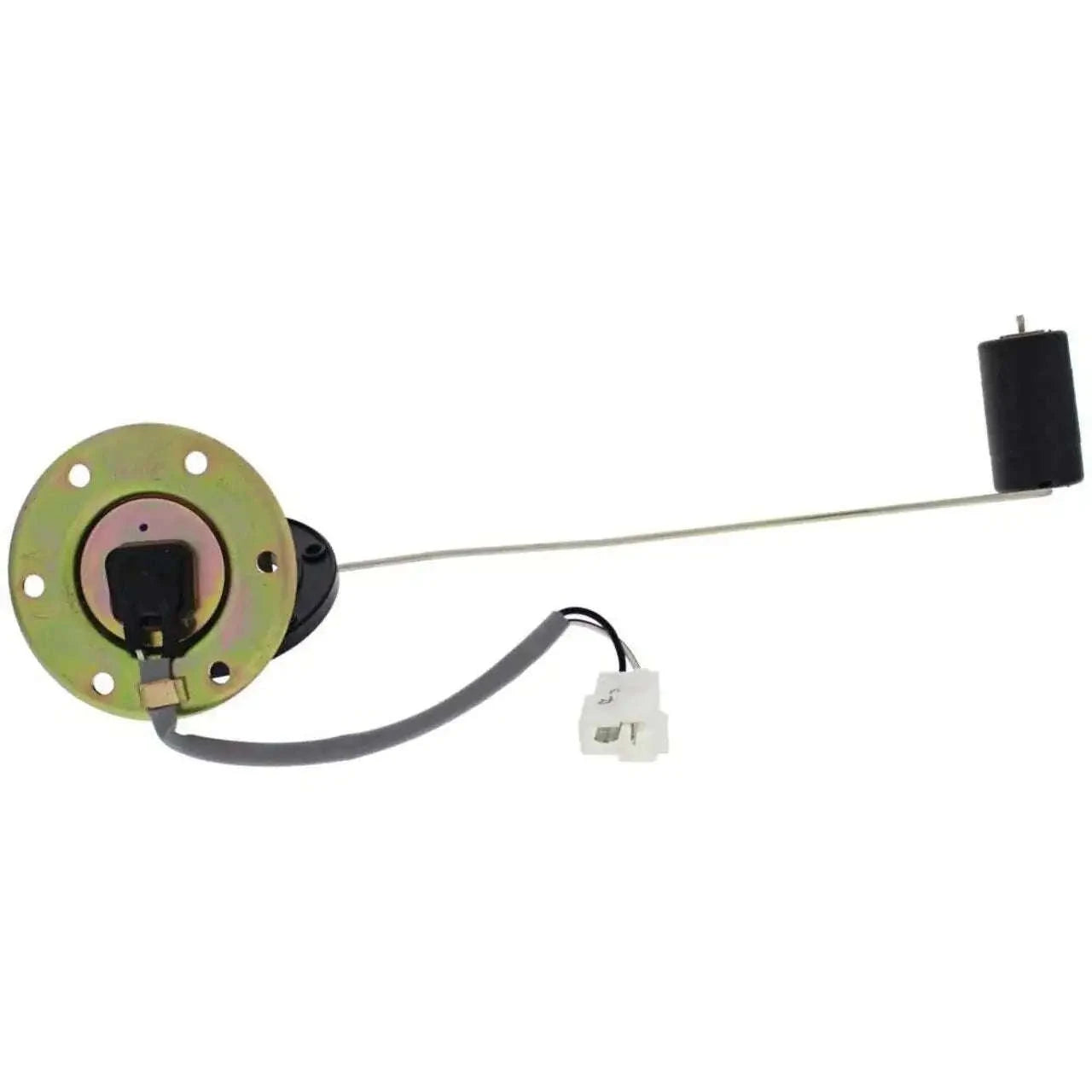 Fuel sender assembly with circular flange, wiring harness, and electrical connector