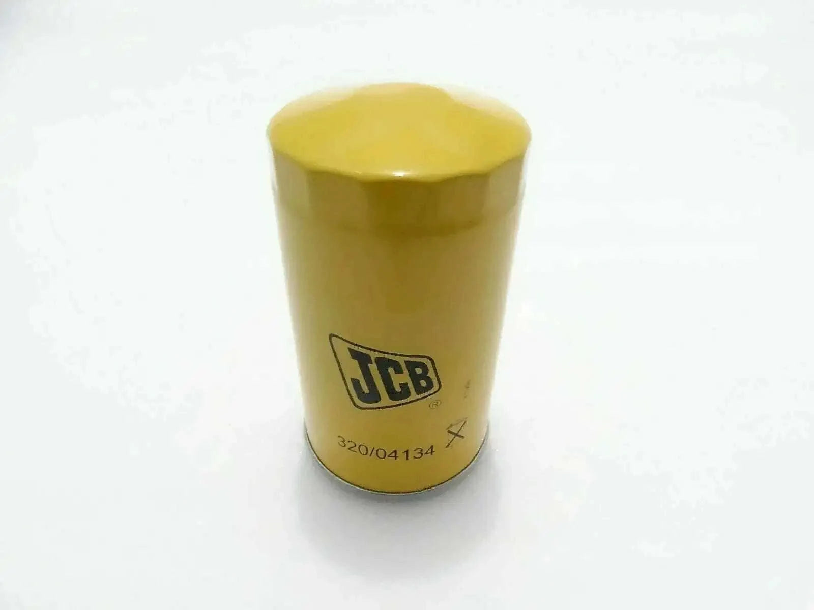 Yellow JCB oil filter canister with printed part number 320/04134