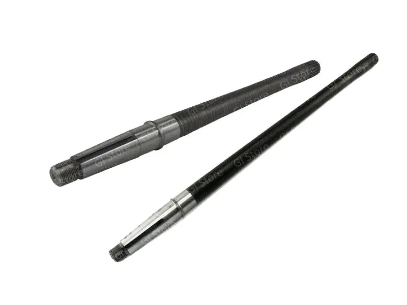 Rear axle shaft pair with splined ends and metal collars, dark and silver