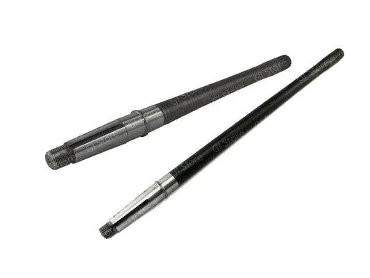 Rear axle shaft pair with splined ends and metal collars, dark and silver