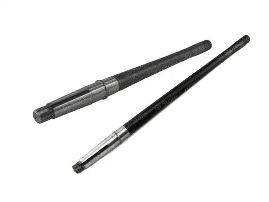 Rear axle shaft pair with splined ends and metal collars, dark and silver