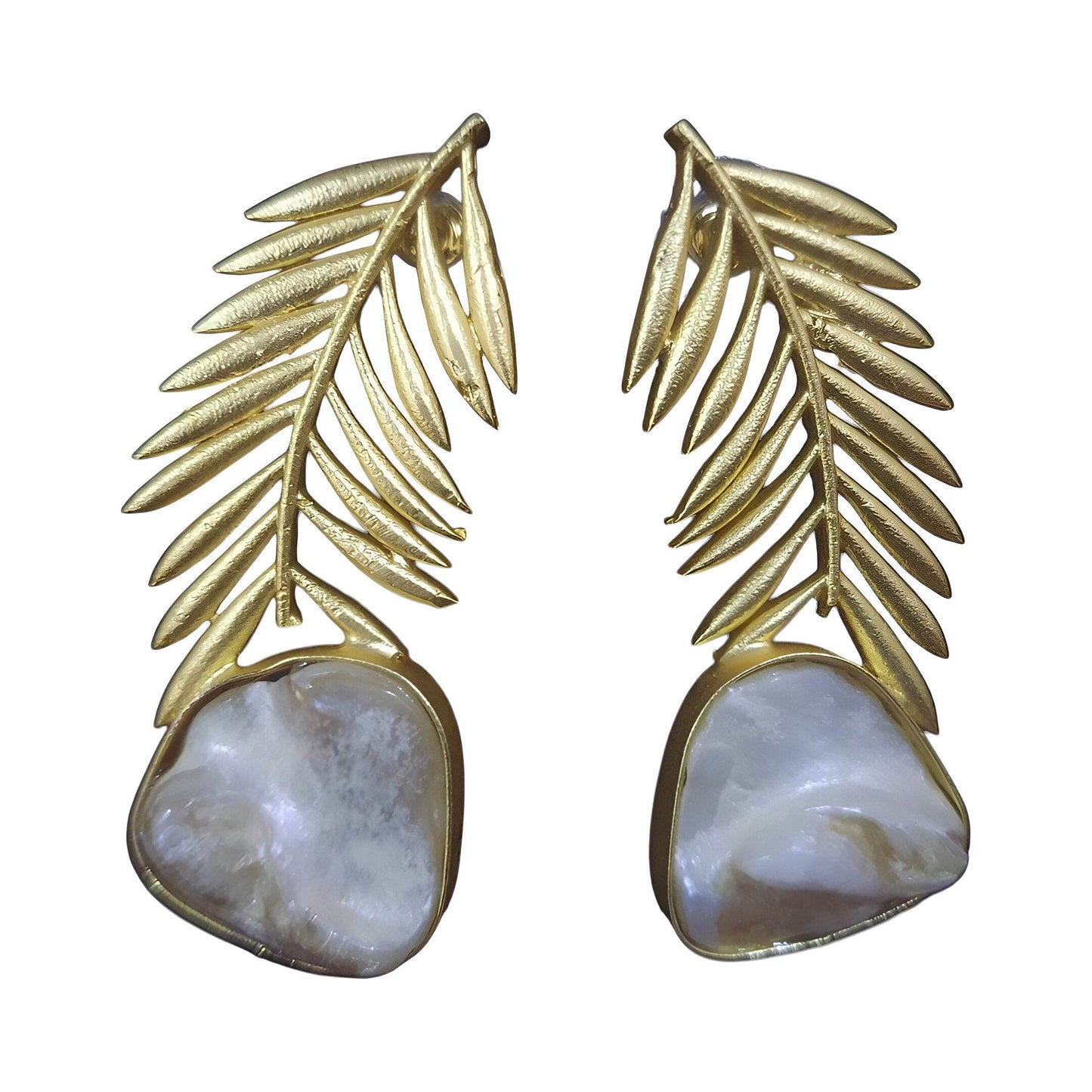 Gold-plated palm leaf earrings with natural shell accents for a chic bohemian look
