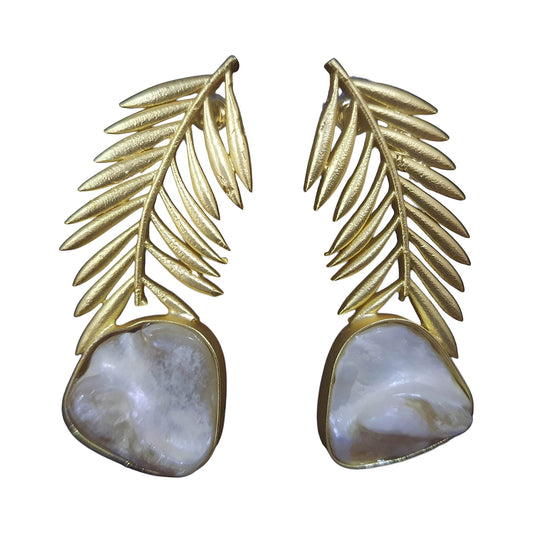 Gold-plated palm leaf earrings with natural shell accents for a chic bohemian look