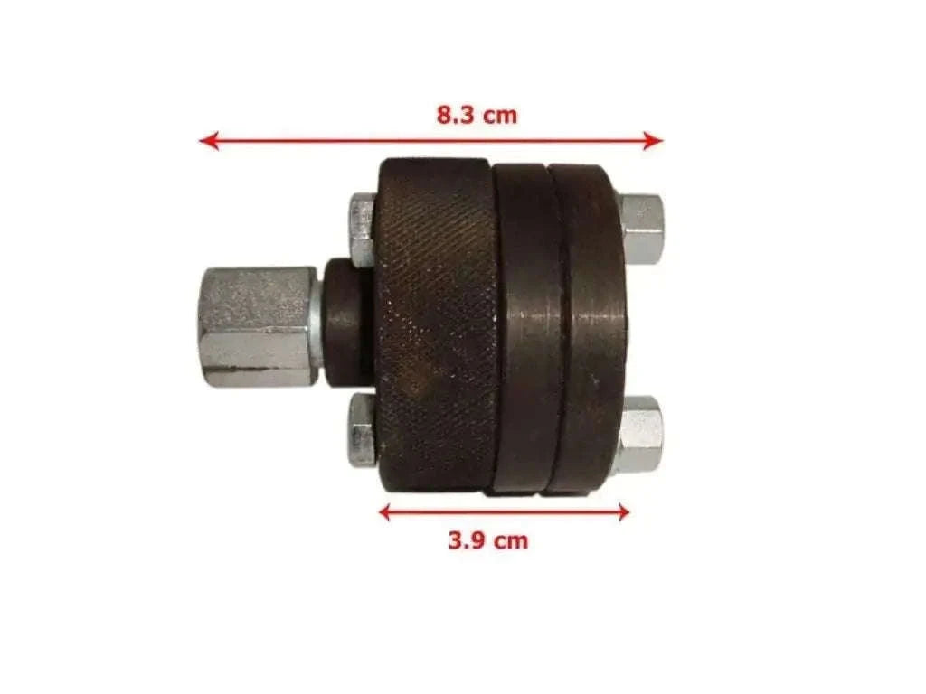 Metal rear hub puller tool with two threaded bolts and width 8.3 cm