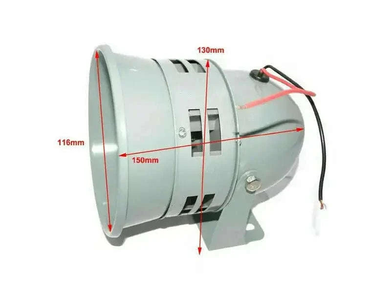 Light gray horn siren with mounting bracket and red/black wire leads