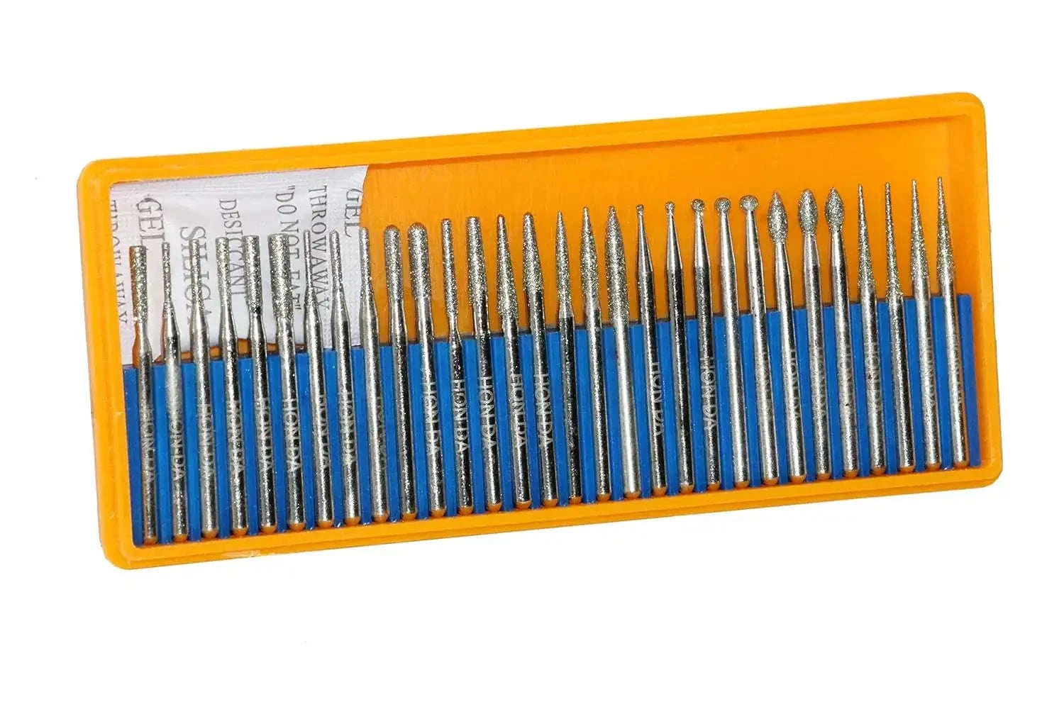 30-piece grinding burr drill bit set in yellow plastic organizer case with metal tips