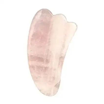 Pink rose quartz gua sha stone, curved scraping tool with scalloped edge