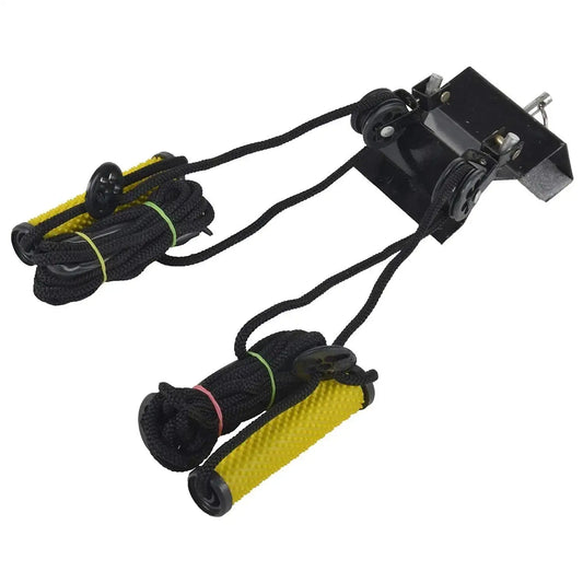 Door gym rope exerciser with black rope and yellow padded foot grips, door anchor
