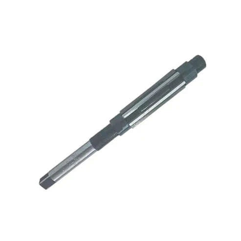 Adjustable hand reamer with tapered tip, dark grip sleeve, and metal cutting section