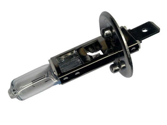 H1 halogen headlight bulb with metal base and clear glass envelope