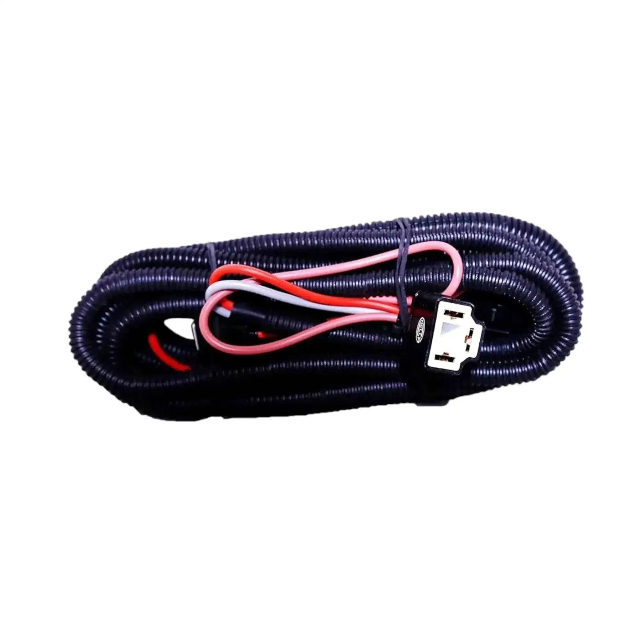 Dark braided wiring harness with inline connectors and red, white, and black wires