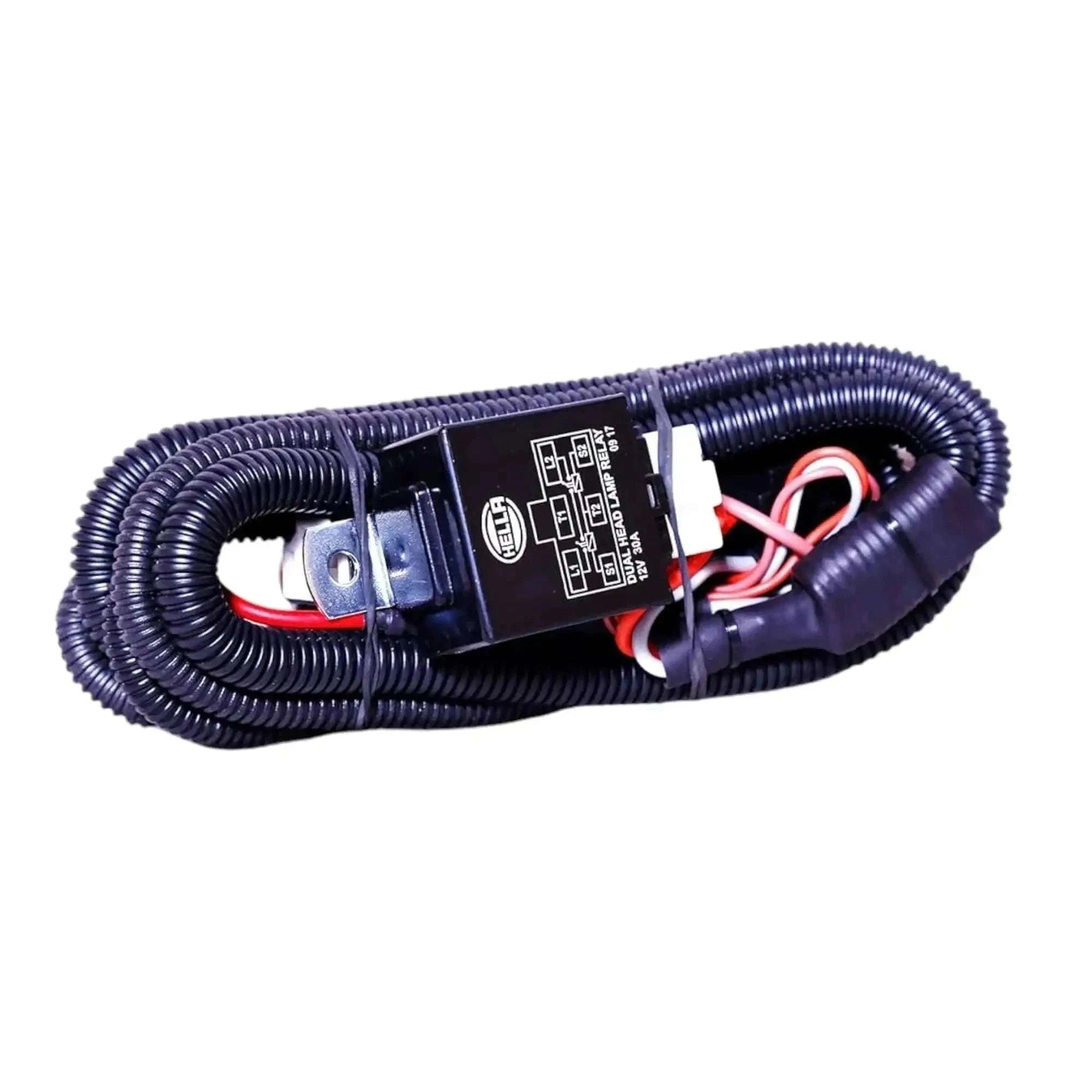 Headlight relay module on dark braided wiring harness with red and white wire leads