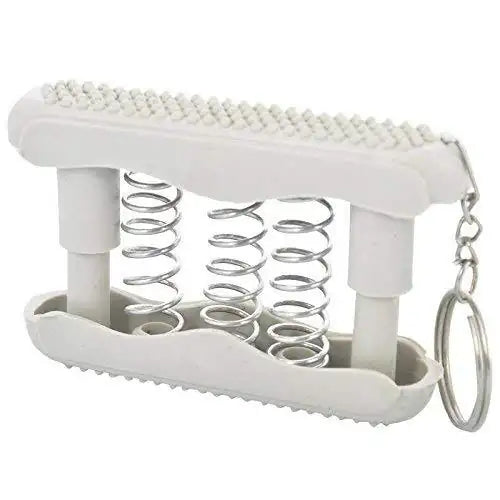 White hand gripper with exposed metal springs and keyring loop