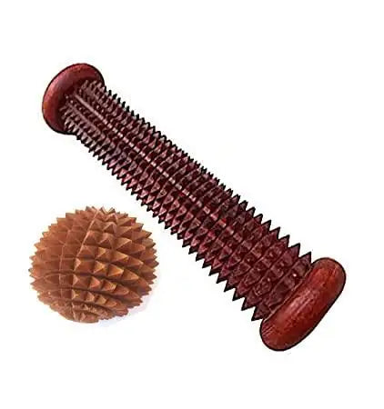 Wooden acupressure massager rod with spiked texture and matching spiky ball