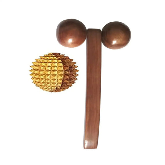 Wood acupressure roller massager with two rounded wooden ends and spiked ball