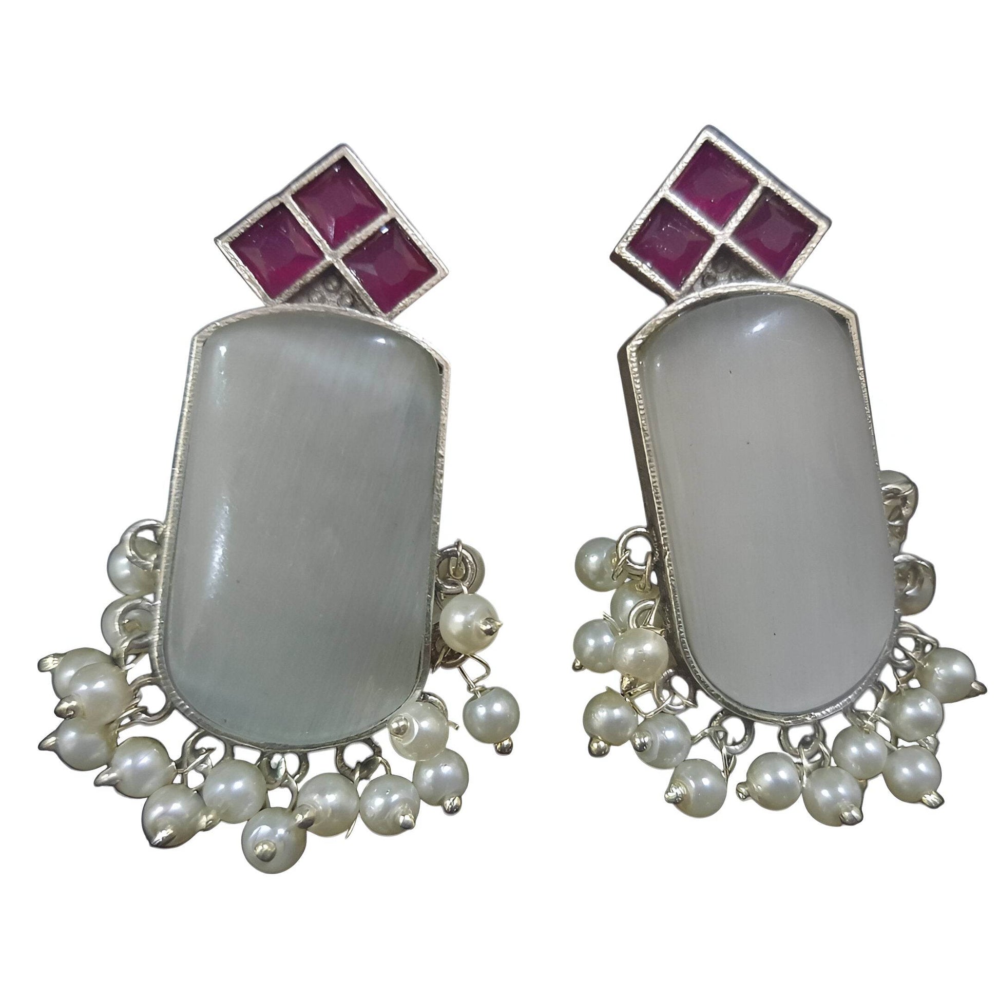 Amber Pearls handcrafted brass drop earrings with stylish pearl accents and a unique geometric design