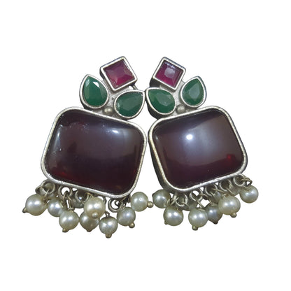 Amber Pearls Handcrafted 100% Brass Drop Earrings Vintage Style Earrings with Ruby Red and Green Stones, Pearl Dangles, Silver-Toned - StellerGear