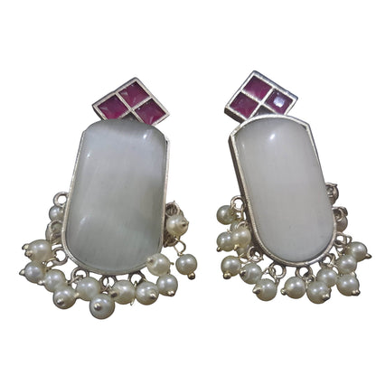 Elegant handcrafted brass drop earrings featuring a large stone with pearl accents
