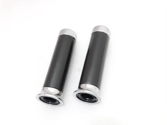Durable black handlebar grips for bicycle with chrome accents, ideal for enhanced grip and comfort.