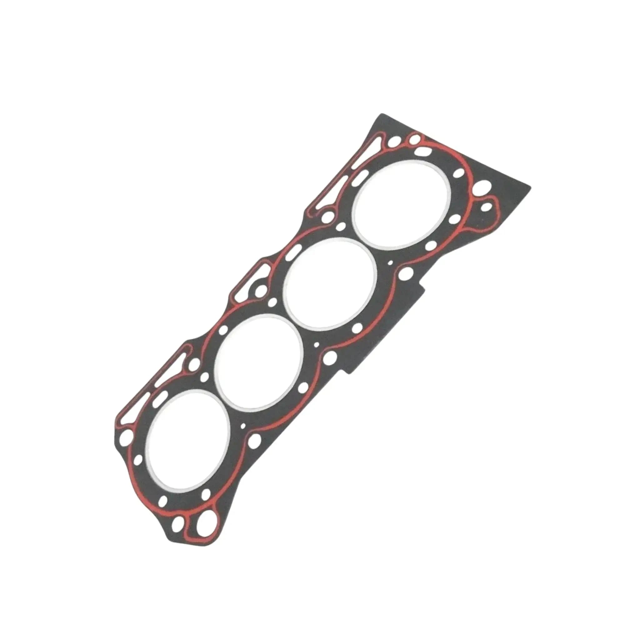 Engine head gasket, angled view, four circular openings and bolt holes, black/red