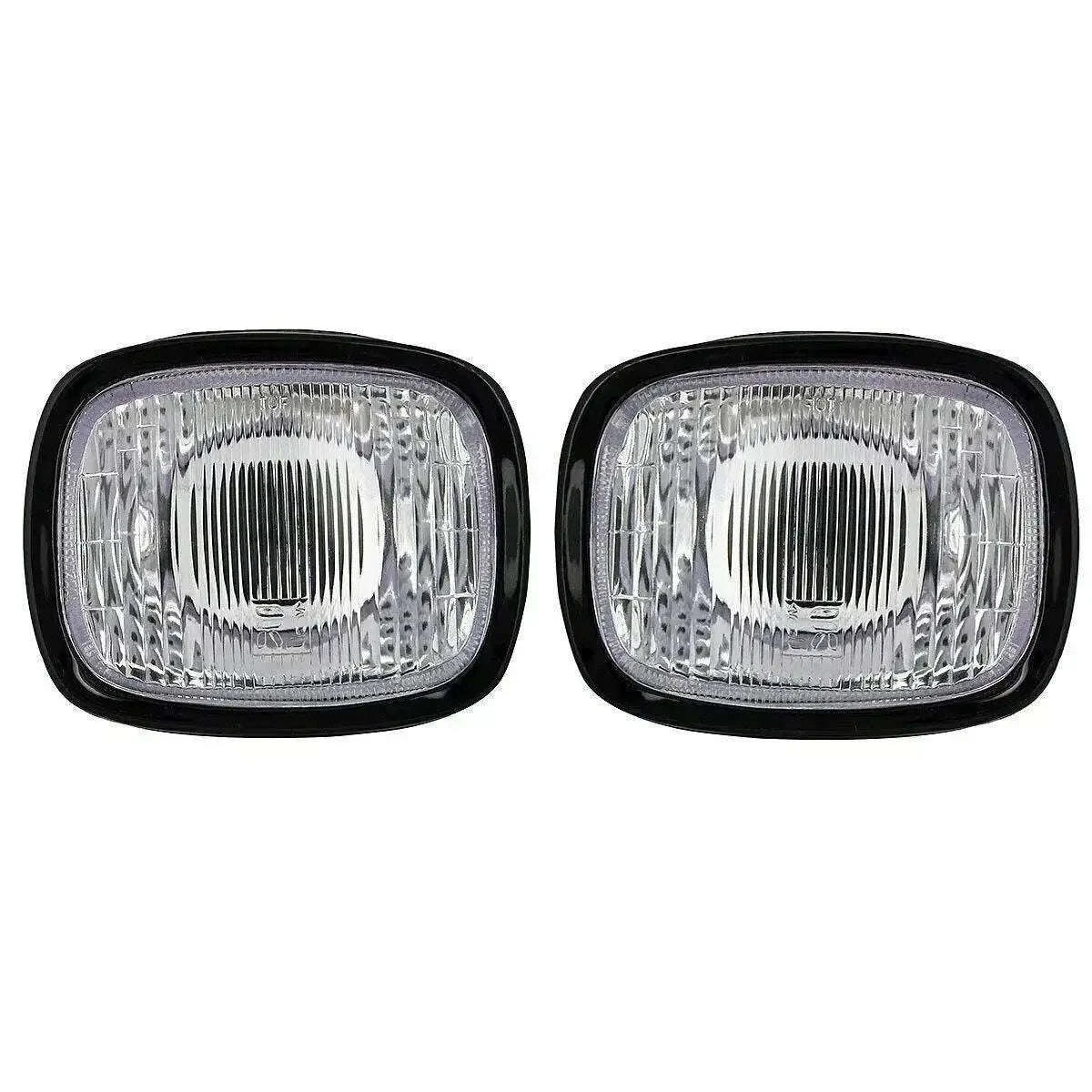 Rectangular headlamp pair with clear lens and black housing