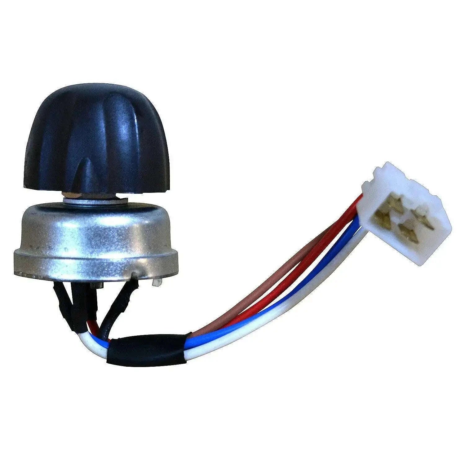 Tractor headlight switch with wire coupler, black cap and silver base, multi-wire connector