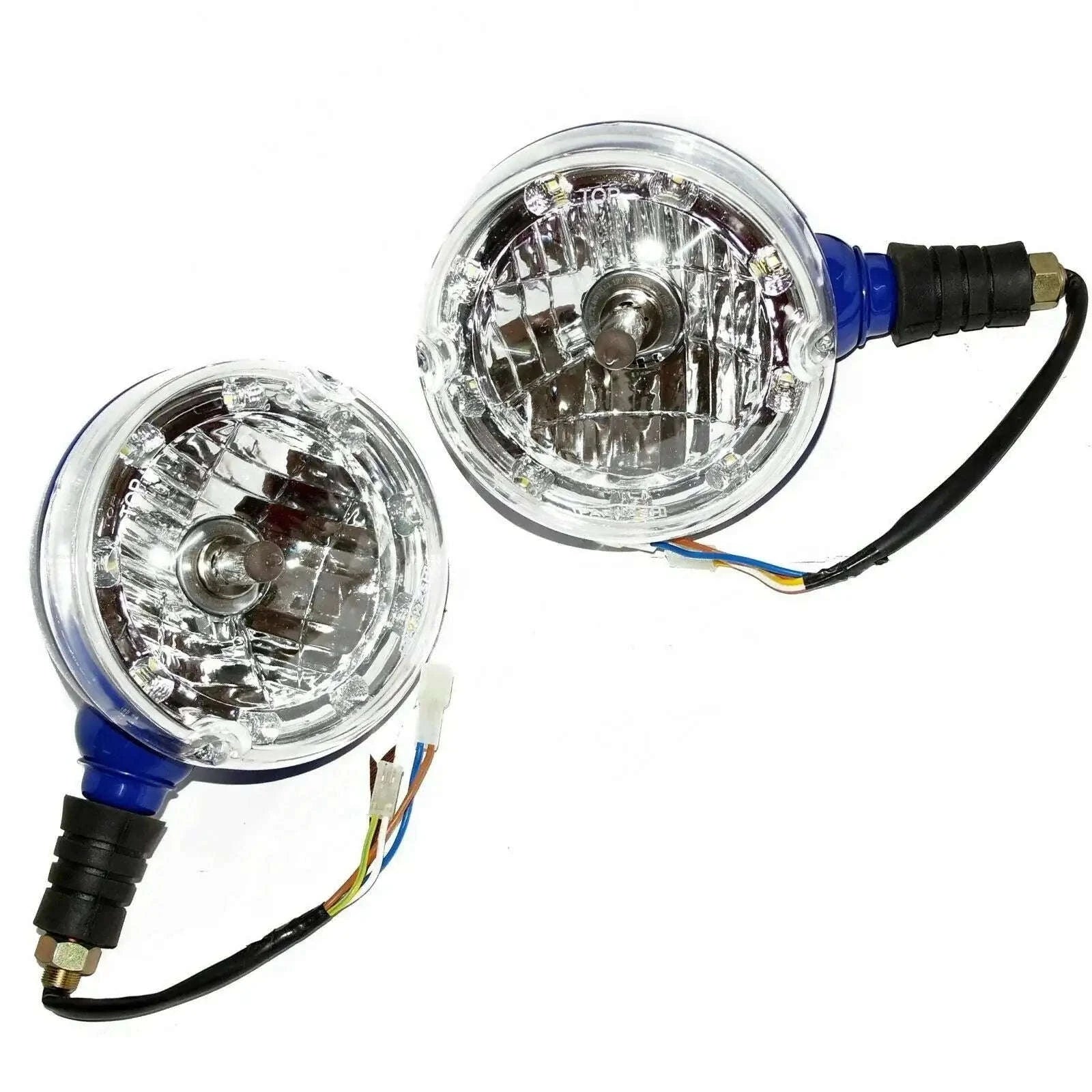 Round headlight assembly with clear lens and blue wiring connectors, LED ring style