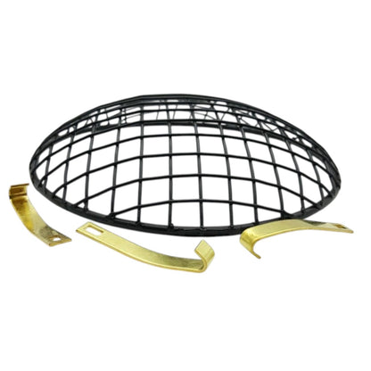 Durable metal headlight grill, black wire mesh with gold clips, for vehicle headlight protection