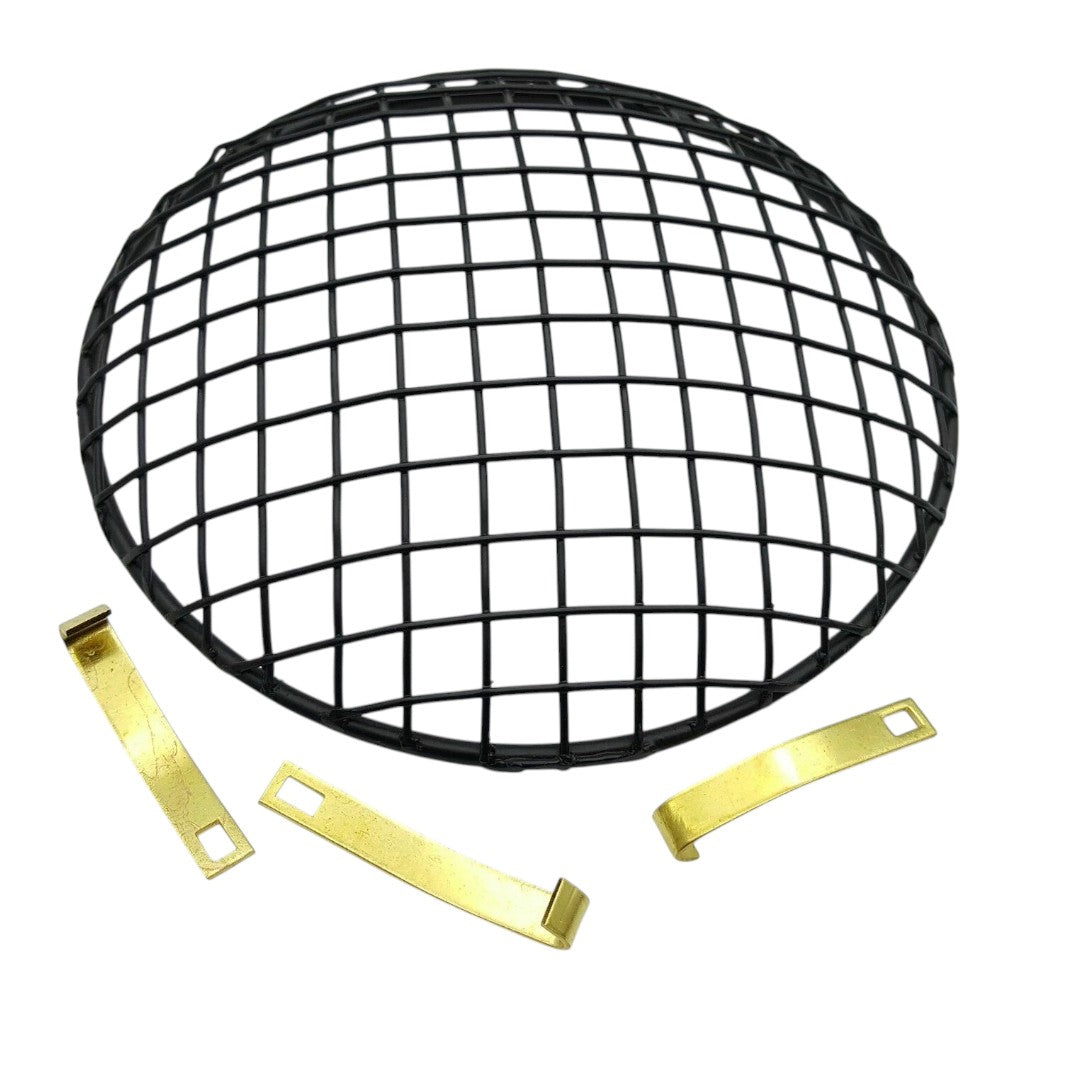Durable black headlight grill with metal clips, ideal for protecting headlights on vehicles