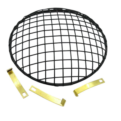 Durable black headlight grill with metal clips, ideal for protecting headlights on vehicles