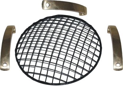 Black metal headlight grill with brass mounting clips, designed for vehicle protection