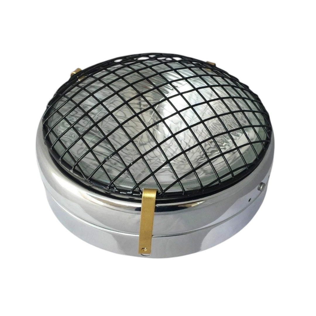 Round headlight grill, chrome metal with a black protective mesh, designed for vehicle styling and safety.
