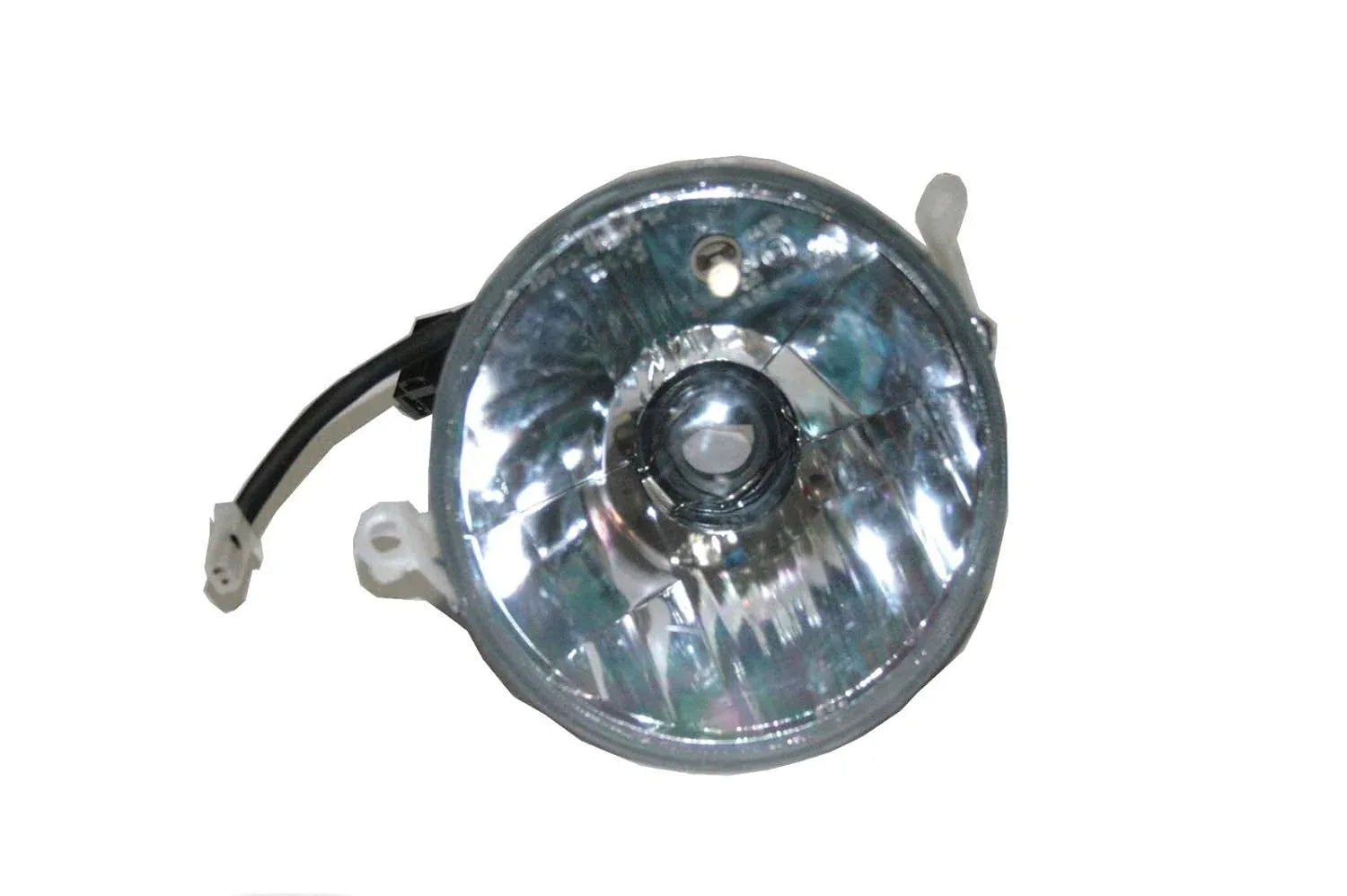 Round motorcycle headlight reflector lens with mounting tabs and wire connector